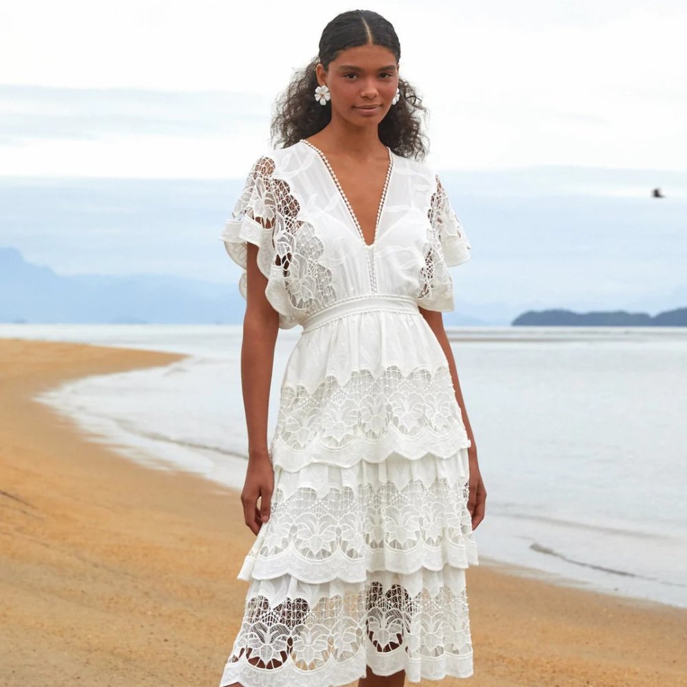 FARM Rio Off White Richelieu Midi Dress Size Large nwt